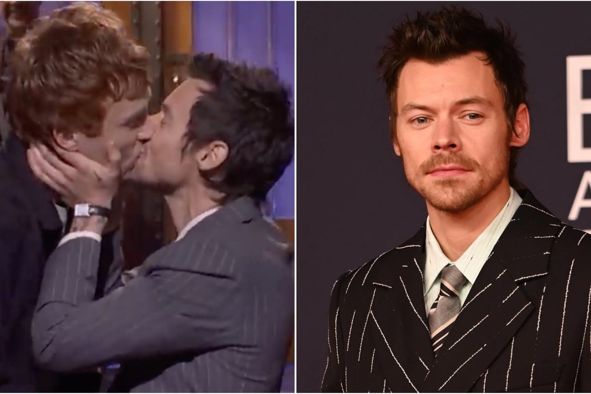 Harry Styles takes jab at “queerbaiting” accusations with Ben Marshall kiss on SNL